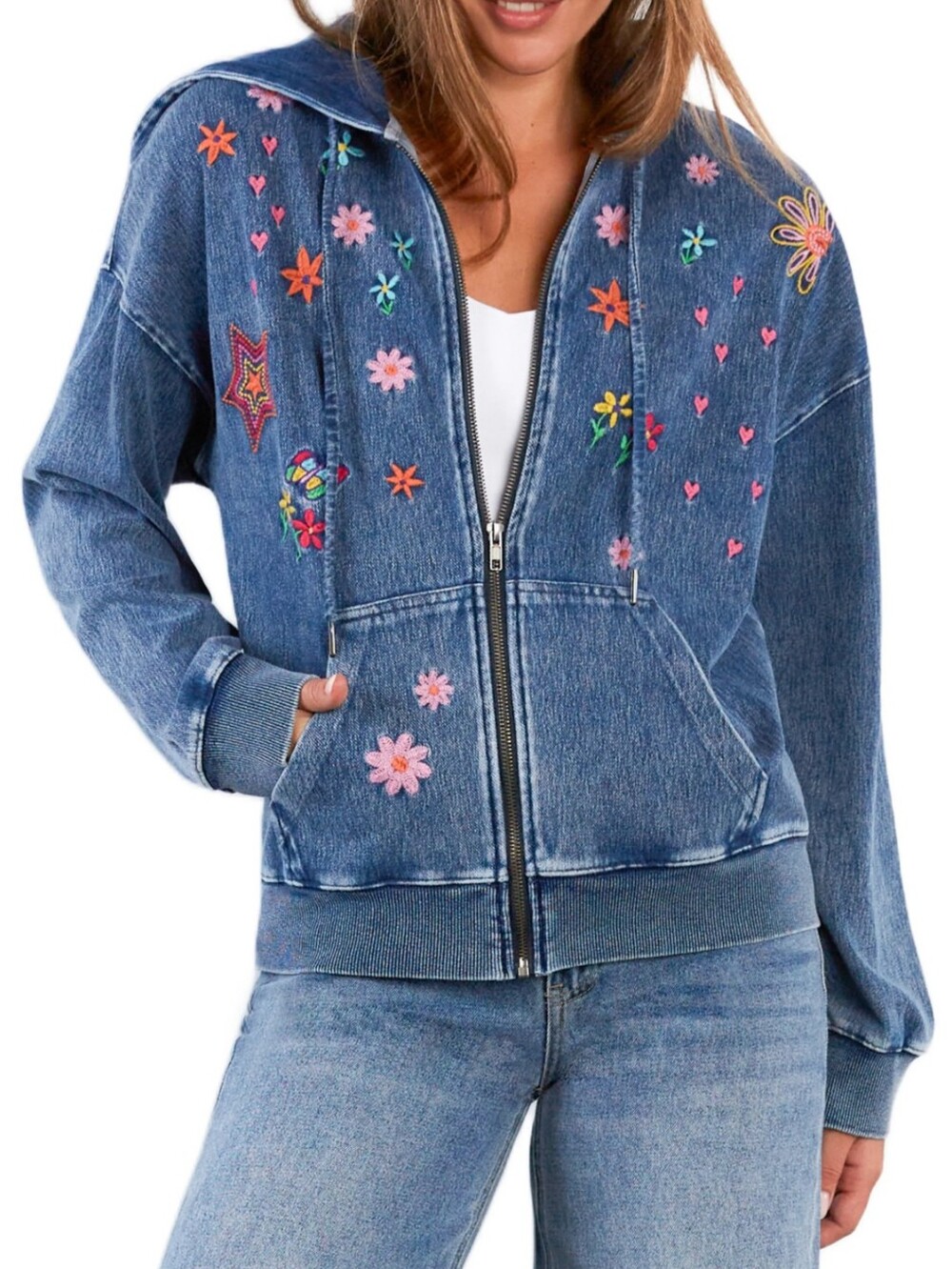 🌸💛Billy T  Embroidered Denim Zip-Up Hoodie Jacket - Picture 3 of 11